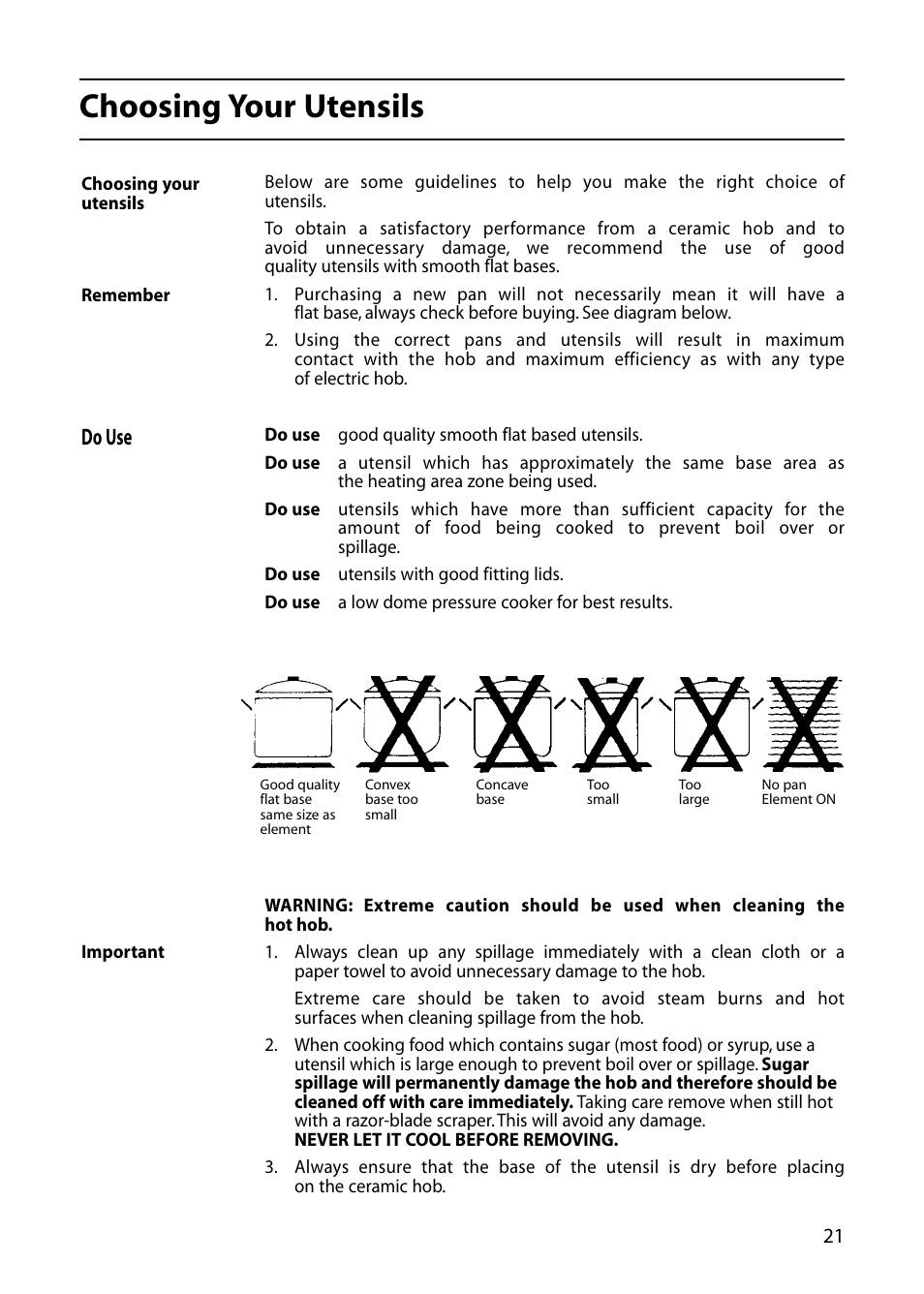 Choosing your utensils, Do use | Indesit KD6C0E User Manual | Page 21 / 40