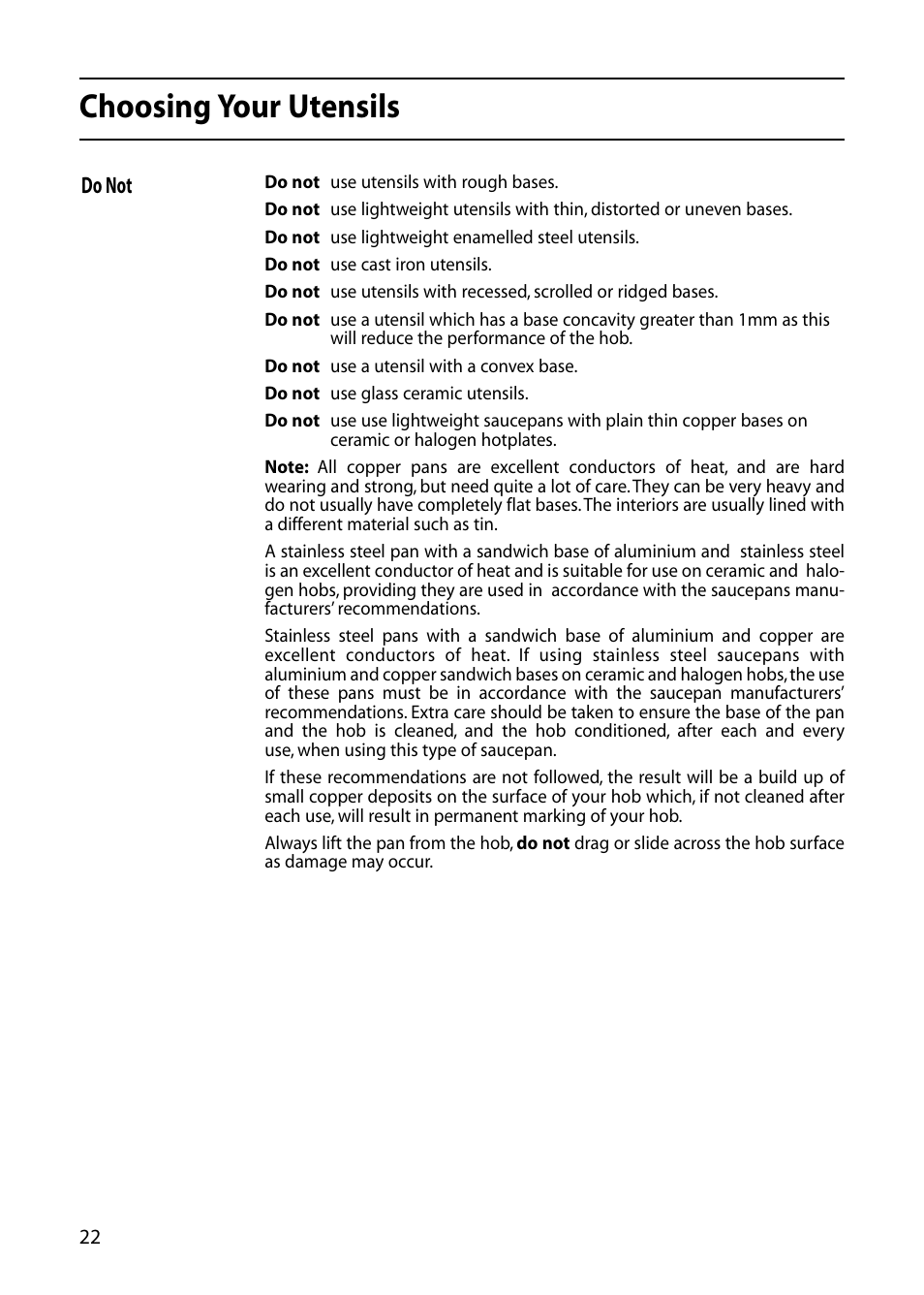 Choosing your utensils | Indesit KD6C0E User Manual | Page 22 / 40