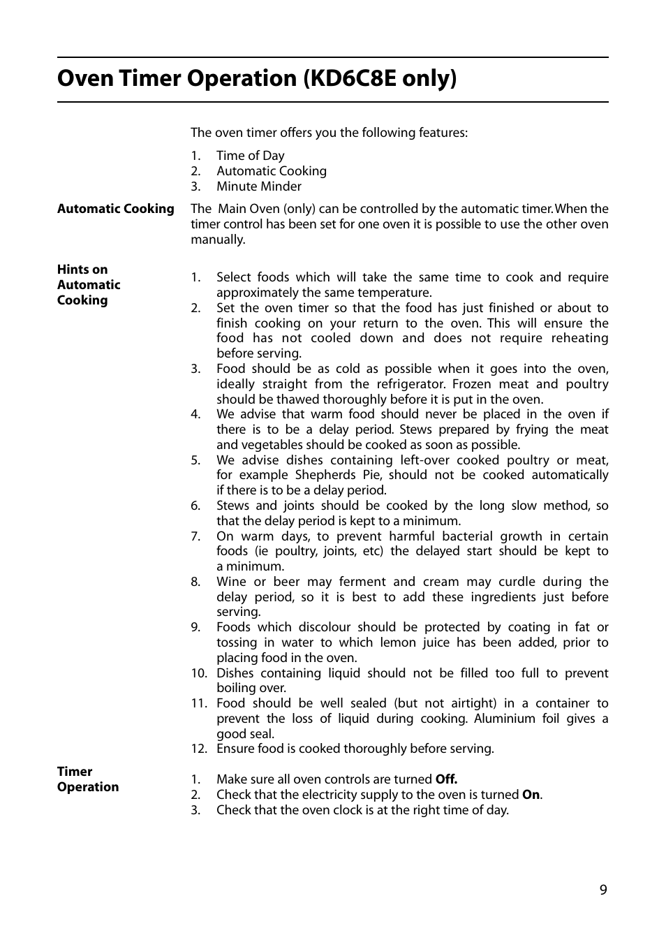 Oven timer operation (kd6c8e only) | Indesit KD6C0E User Manual | Page 9 / 40