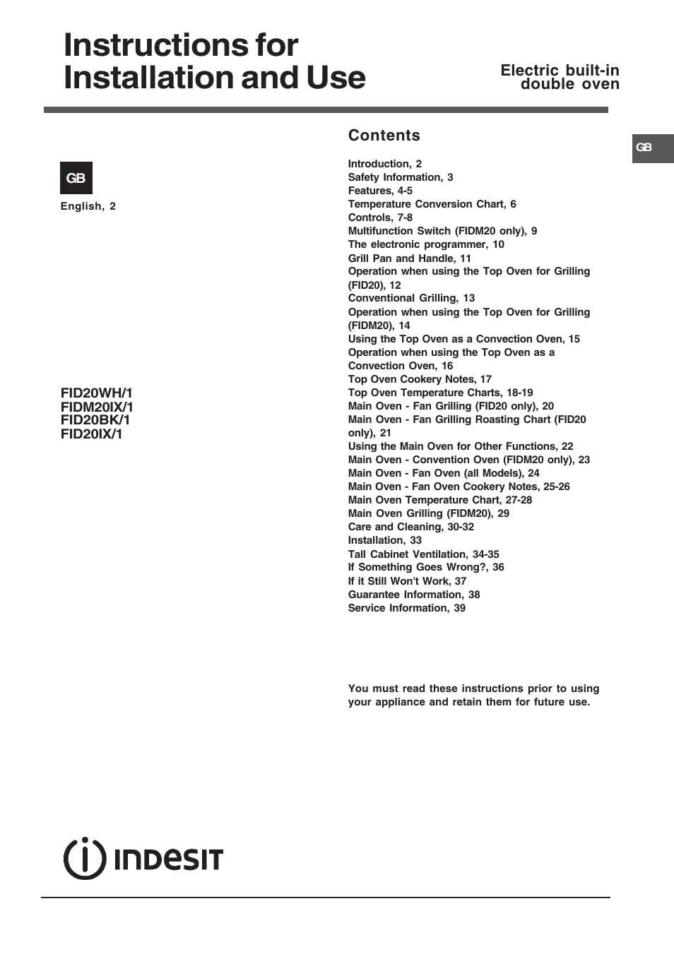 Indesit FID201X/1 User Manual | 40 pages