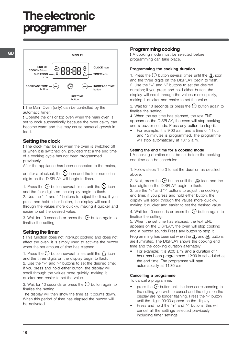 The electronic programmer, Setting the clock, Setting the timer | Programming cooking | Indesit FID201X/1 User Manual | Page 10 / 40