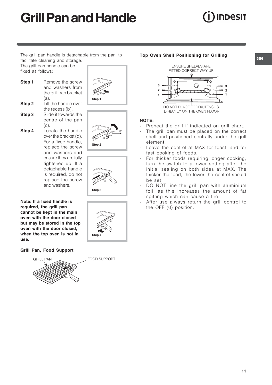 Grill pan and handle | Indesit FID201X/1 User Manual | Page 11 / 40