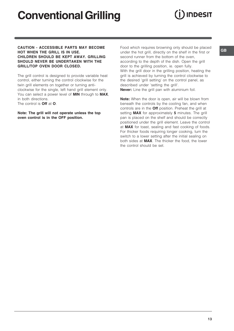 Conventional grilling | Indesit FID201X/1 User Manual | Page 13 / 40