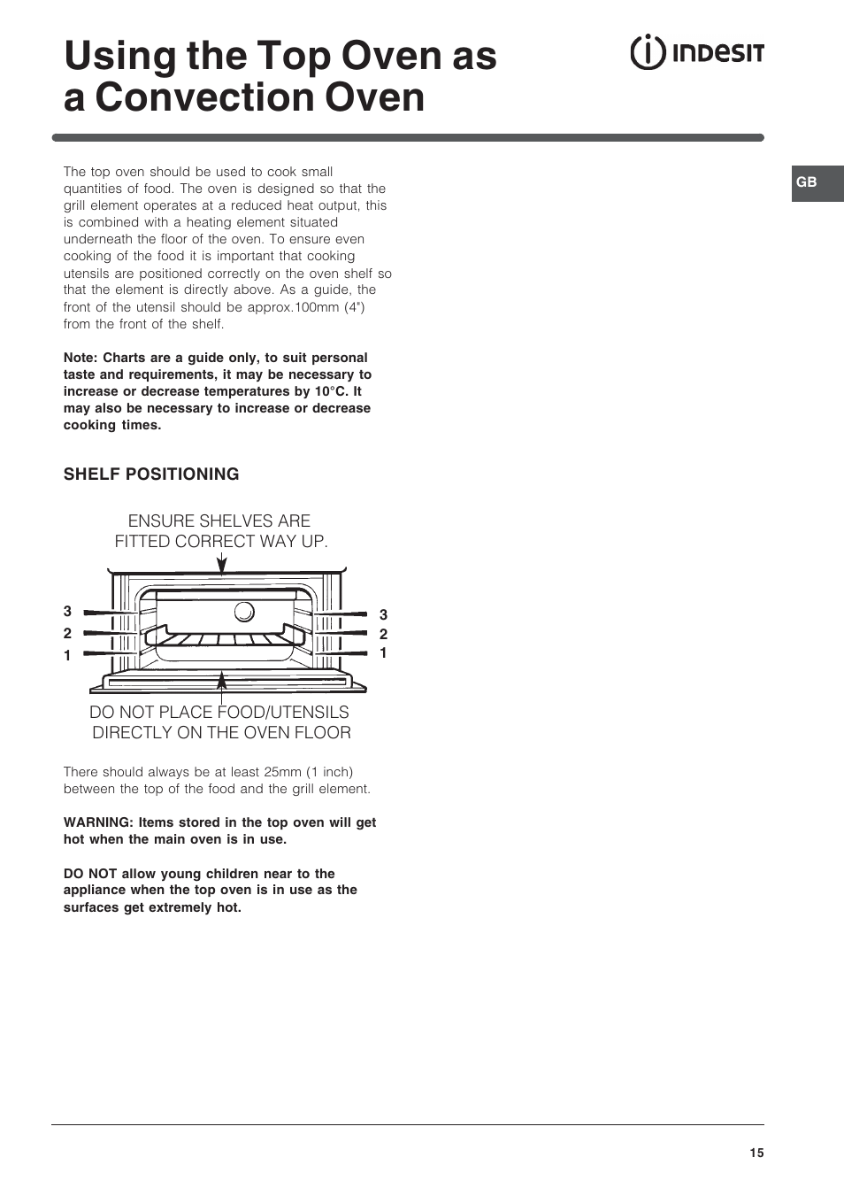 Using the top oven as a convection oven | Indesit FID201X/1 User Manual | Page 15 / 40