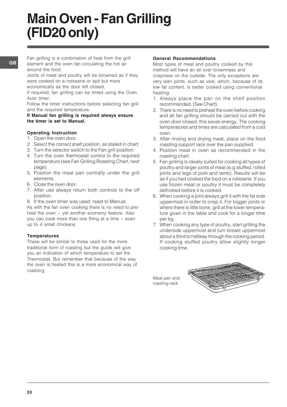 Main oven - fan grilling (fid20 only) | Indesit FID201X/1 User Manual | Page 20 / 40