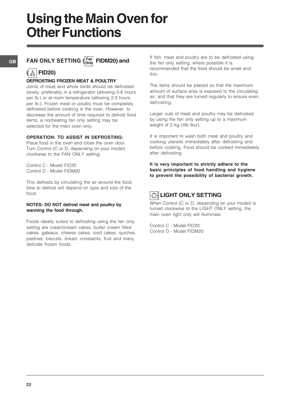 Using the main oven for other functions | Indesit FID201X/1 User Manual | Page 22 / 40