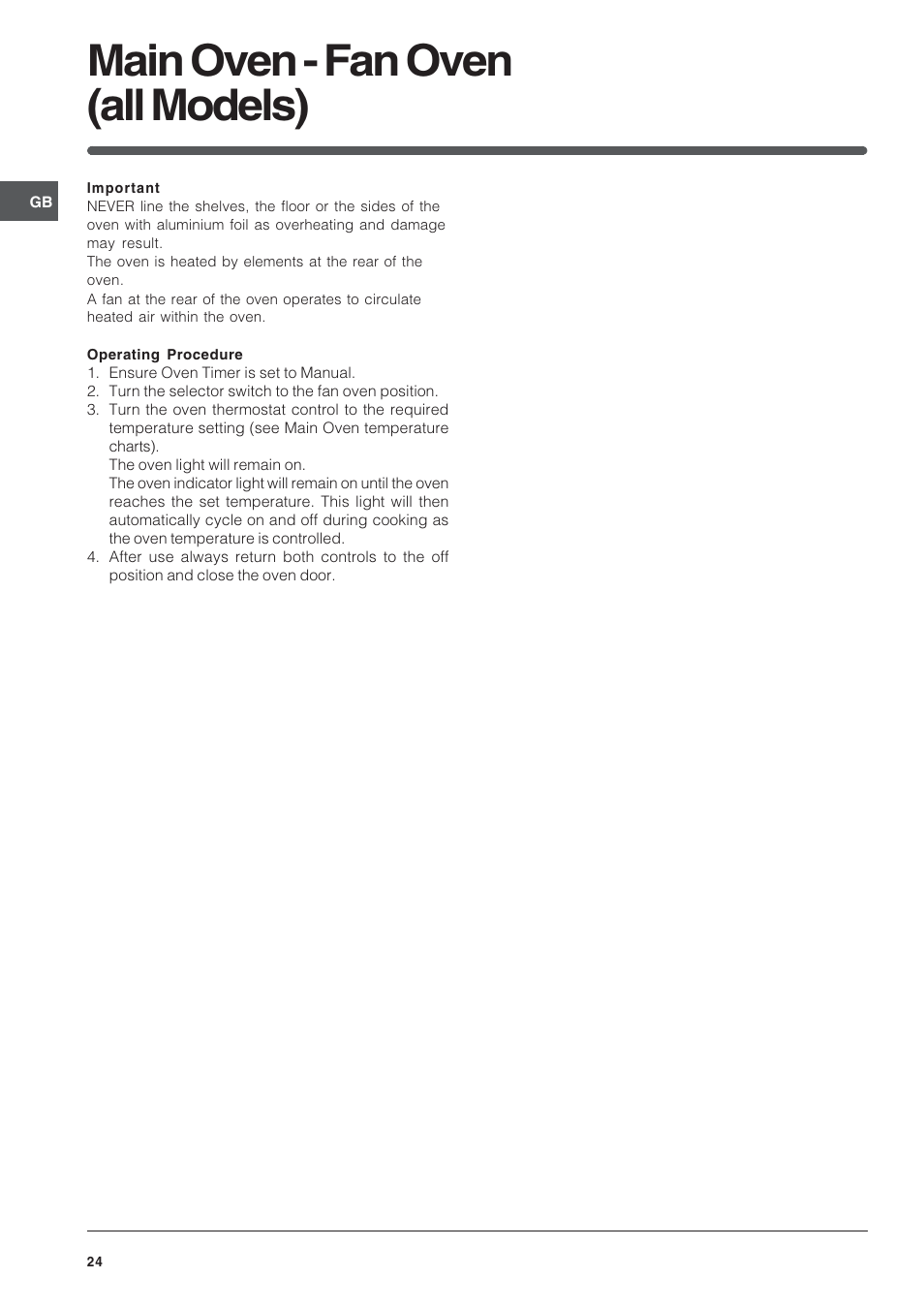 Main oven - fan oven (all models) | Indesit FID201X/1 User Manual | Page 24 / 40