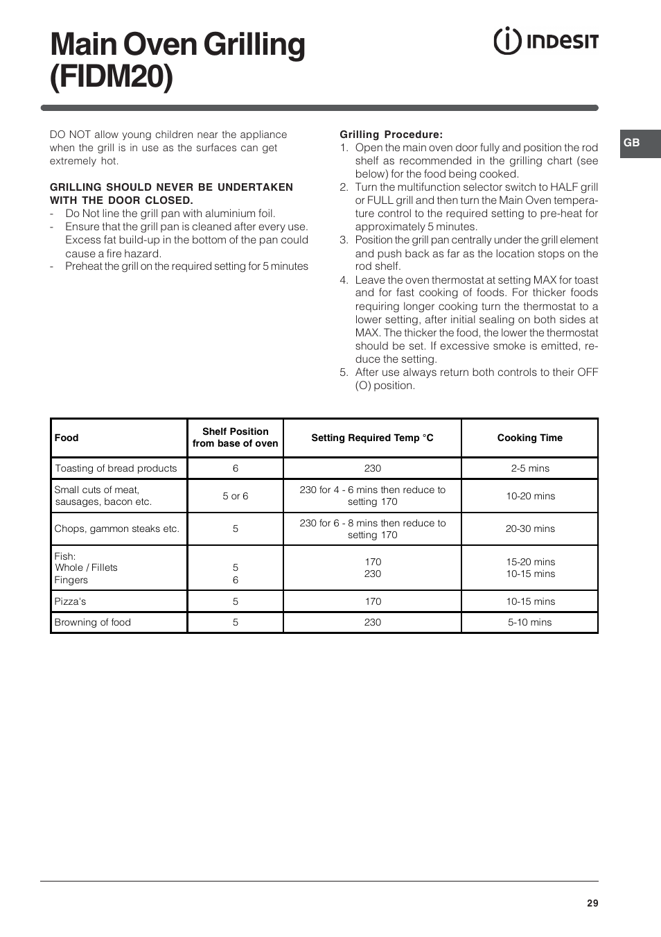 Main oven grilling (fidm20) | Indesit FID201X/1 User Manual | Page 29 / 40