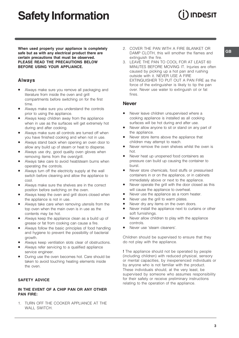 Safety information | Indesit FID201X/1 User Manual | Page 3 / 40