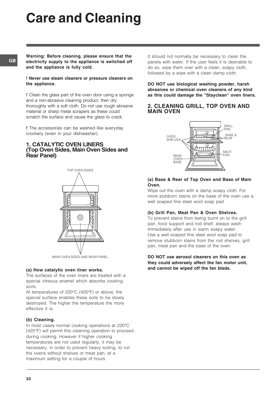 Care and cleaning, Cleaning grill, top oven and main oven | Indesit FID201X/1 User Manual | Page 30 / 40