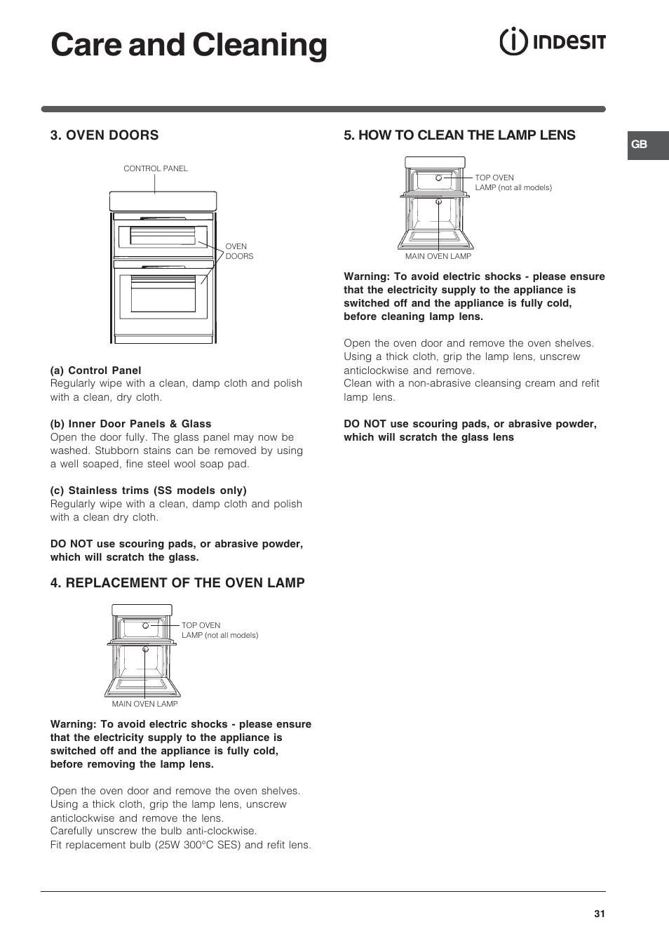 Care and cleaning, Oven doors, Replacement of the oven lamp | How to clean the lamp lens | Indesit FID201X/1 User Manual | Page 31 / 40