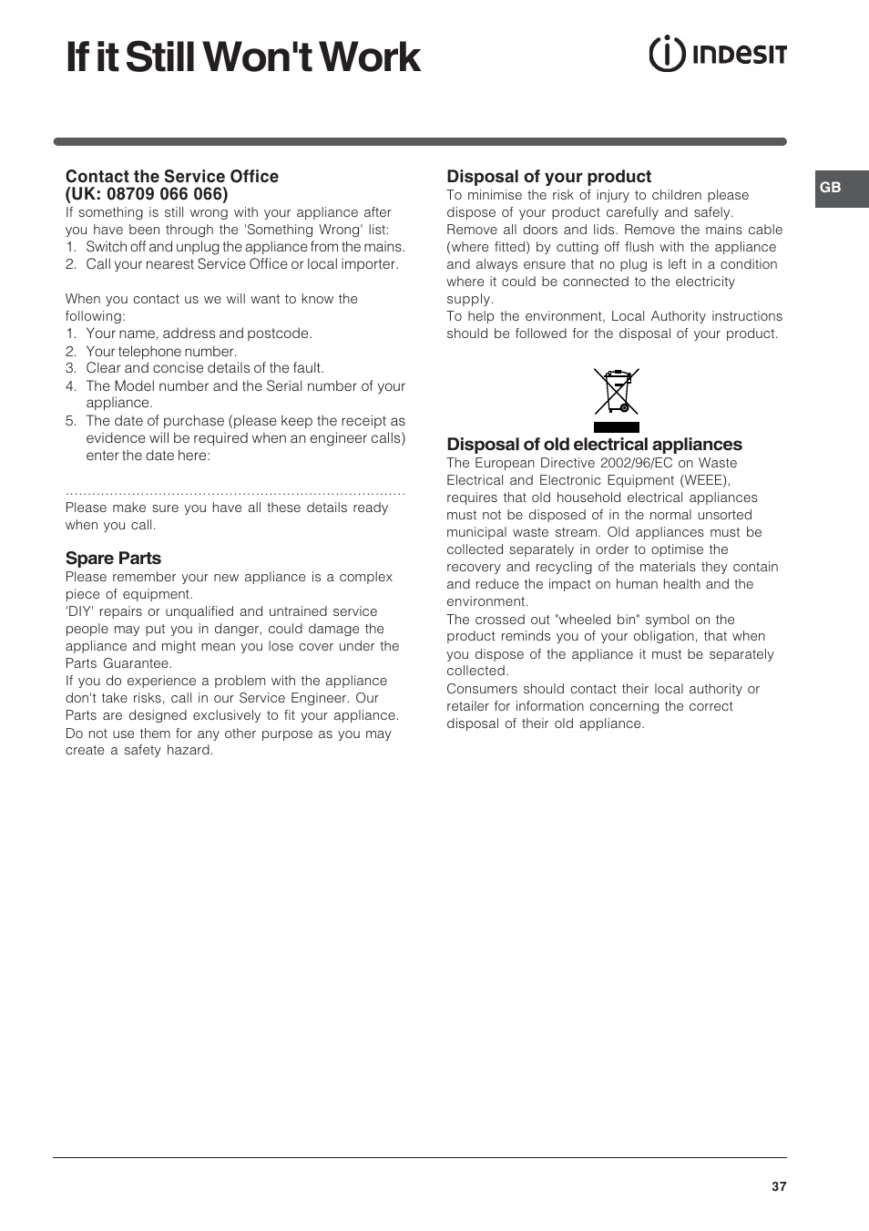 If it still won't work | Indesit FID201X/1 User Manual | Page 37 / 40