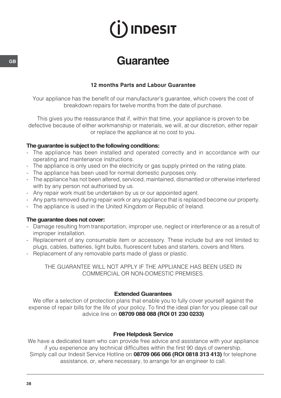 Guarantee | Indesit FID201X/1 User Manual | Page 38 / 40