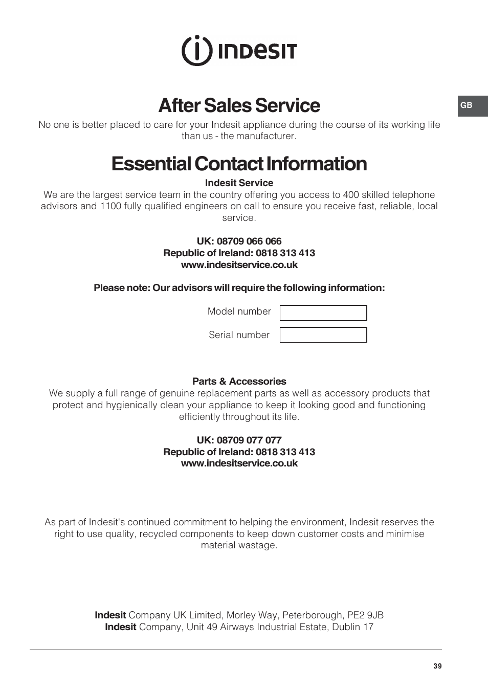 After sales service, Essential contact information | Indesit FID201X/1 User Manual | Page 39 / 40