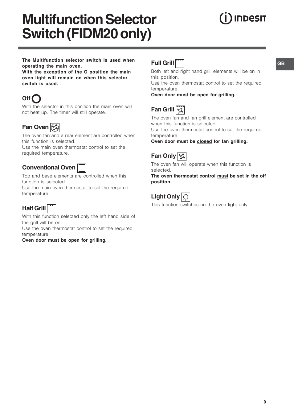 Multifunction selector switch (fidm20 only) | Indesit FID201X/1 User Manual | Page 9 / 40