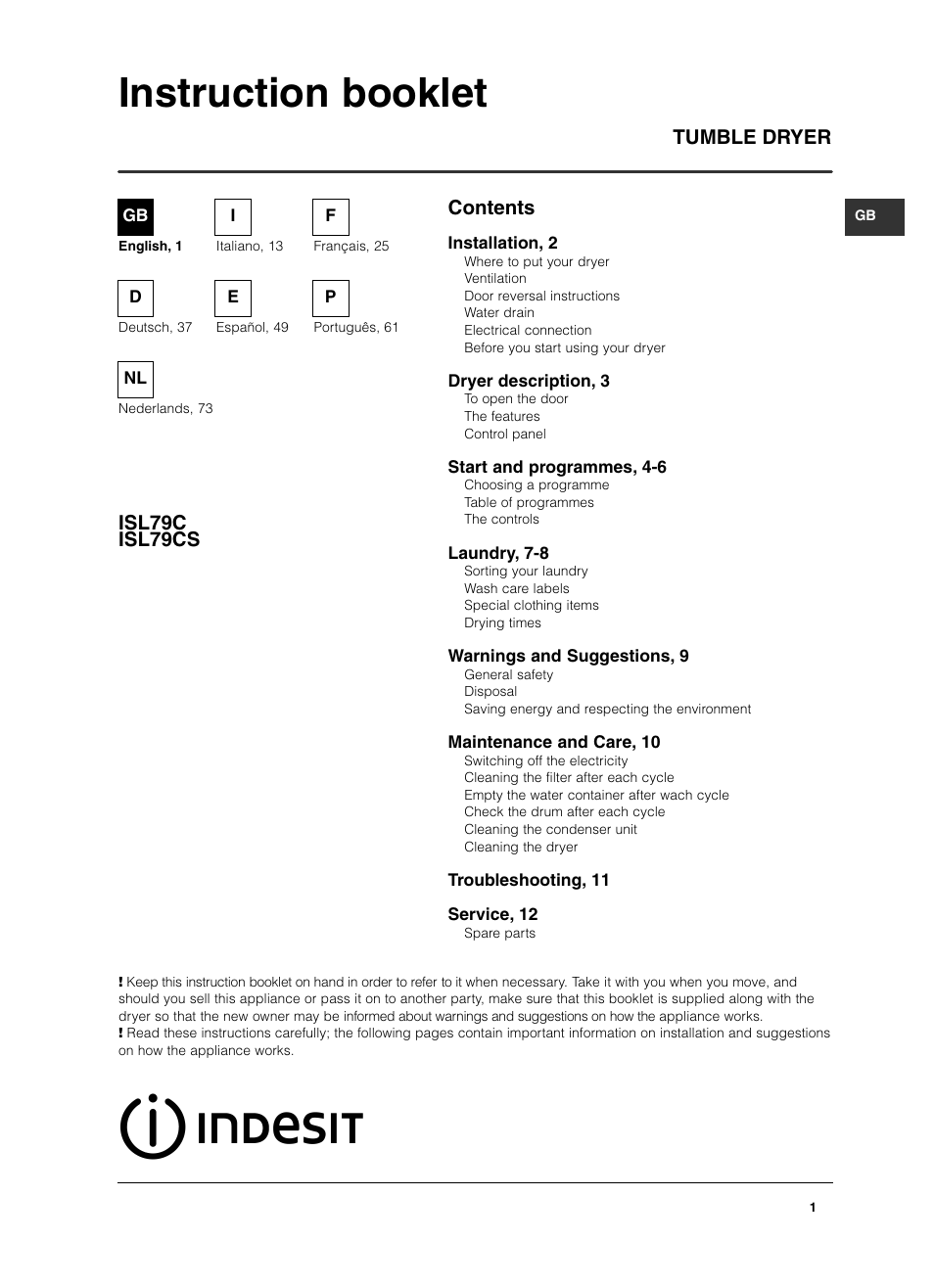 Indesit ISL79CS User Manual | 84 pages