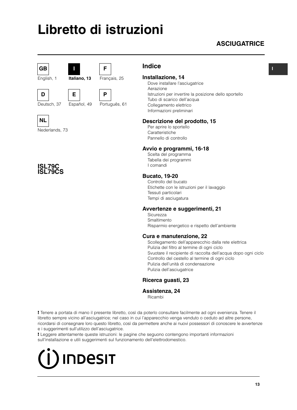 Libretto di istruzioni, Indice asciugatrice isl79c isl79cs | Indesit ISL79CS User Manual | Page 13 / 84