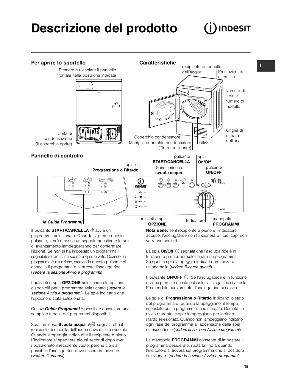 Descrizione del prodotto, Pannello di controllo, Per aprire lo sportello caratteristiche | Indesit ISL79CS User Manual | Page 15 / 84
