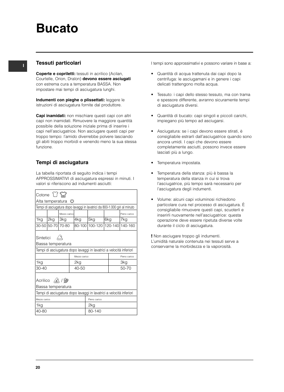 Bucato, Tessuti particolari, Tempi di asciugatura | Indesit ISL79CS User Manual | Page 20 / 84