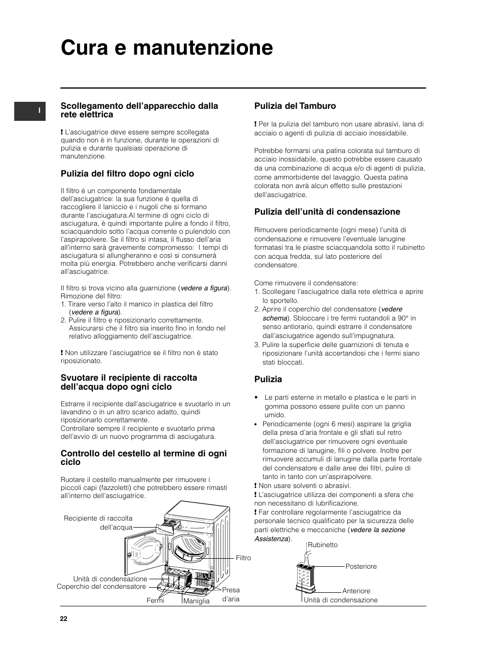 Cura e manutenzione | Indesit ISL79CS User Manual | Page 22 / 84