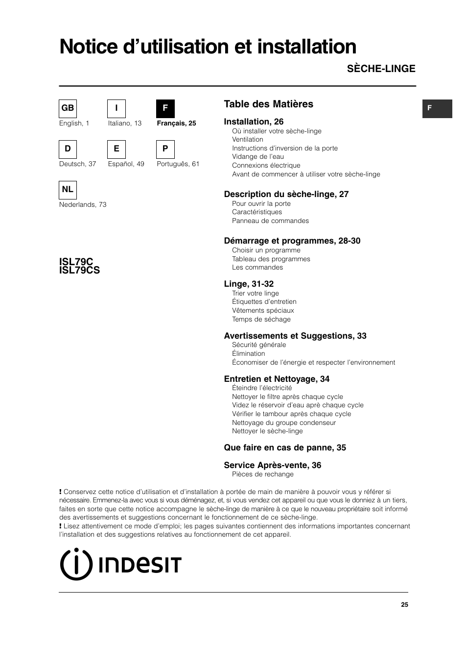 Indesit ISL79CS User Manual | Page 25 / 84
