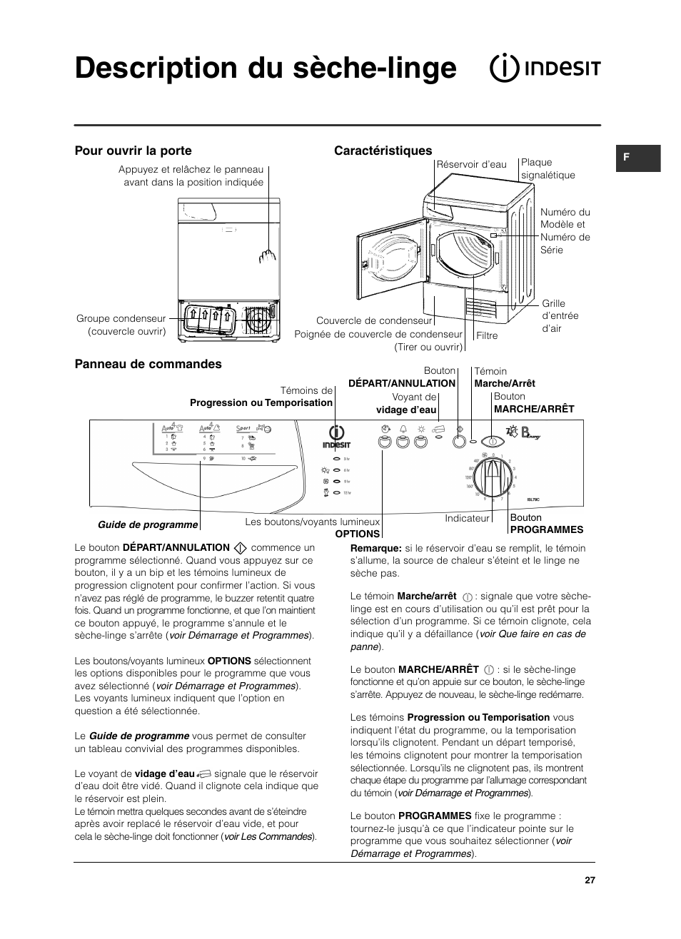 Description du sèche-linge, Panneau de commandes, Pour ouvrir la porte caractéristiques | Indesit ISL79CS User Manual | Page 27 / 84