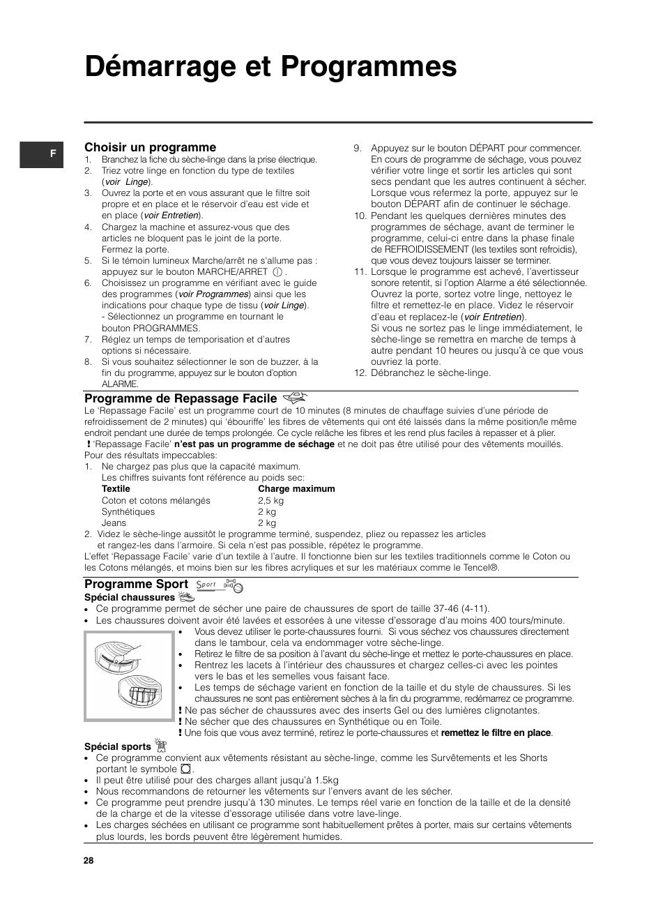 Démarrage et programmes, Choisir un programme, Programme de repassage facile | Programme sport | Indesit ISL79CS User Manual | Page 28 / 84