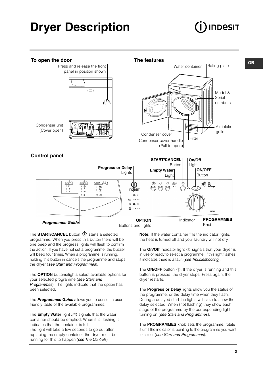 Dryer description, Control panel | Indesit ISL79CS User Manual | Page 3 / 84