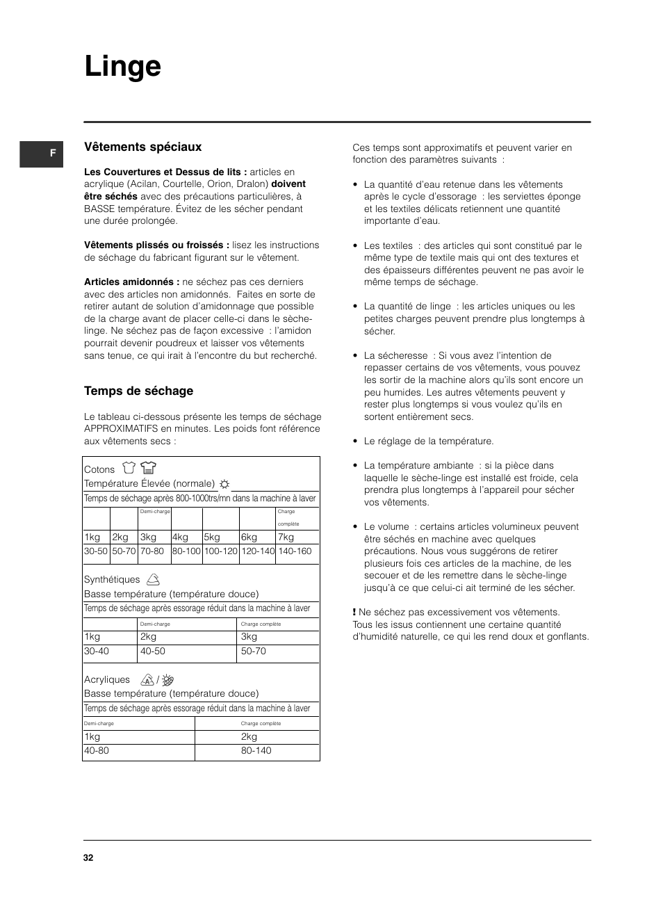 Linge, Vêtements spéciaux, Temps de séchage | Indesit ISL79CS User Manual | Page 32 / 84