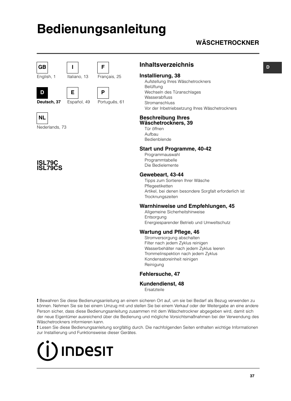 Bedienungsanleitung, Inhaltsverzeichnis wäschetrockner isl79c isl79cs | Indesit ISL79CS User Manual | Page 37 / 84