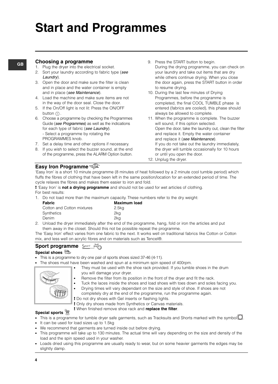 Start and programmes, Choosing a programme, Easy iron programme | Sport programme | Indesit ISL79CS User Manual | Page 4 / 84