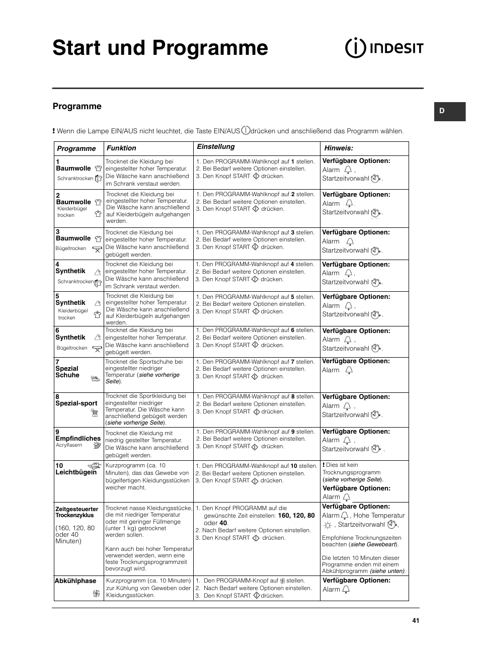 Start und programme, Programme | Indesit ISL79CS User Manual | Page 41 / 84