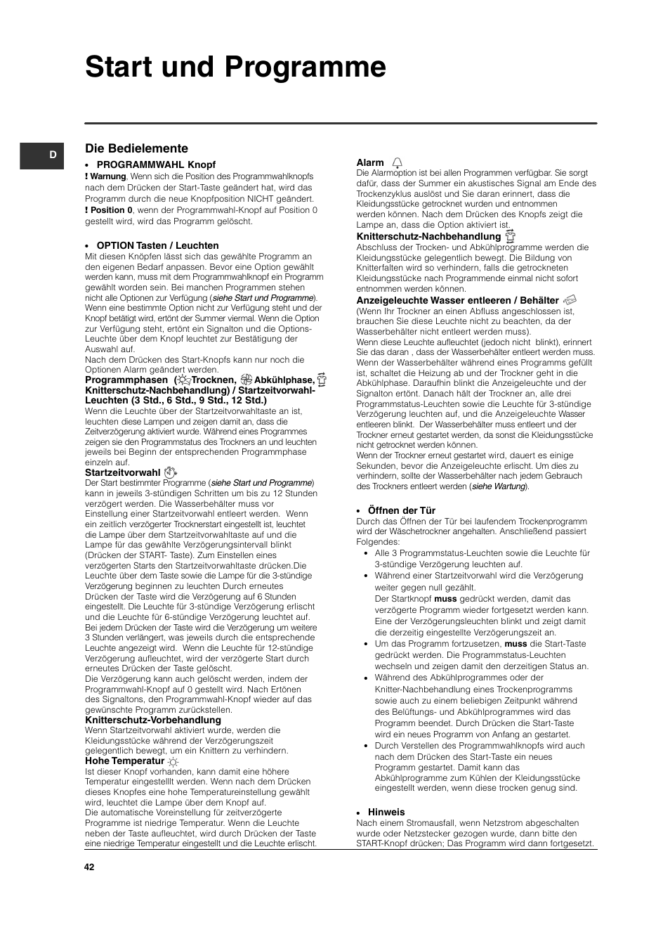 Start und programme, Die bedielemente | Indesit ISL79CS User Manual | Page 42 / 84