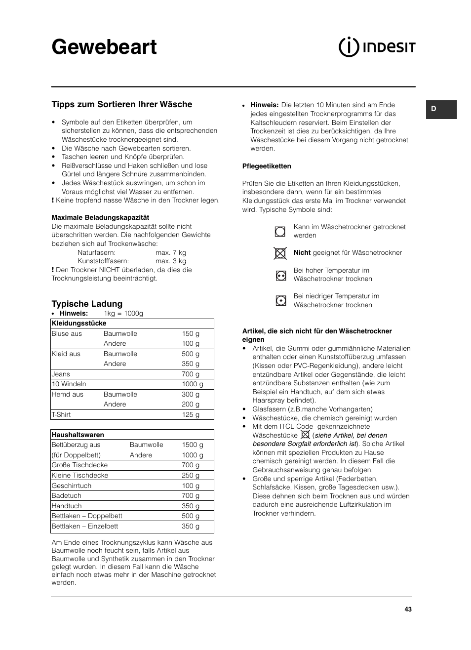 Gewebeart, Tipps zum sortieren ihrer wäsche, Typische ladung | Indesit ISL79CS User Manual | Page 43 / 84