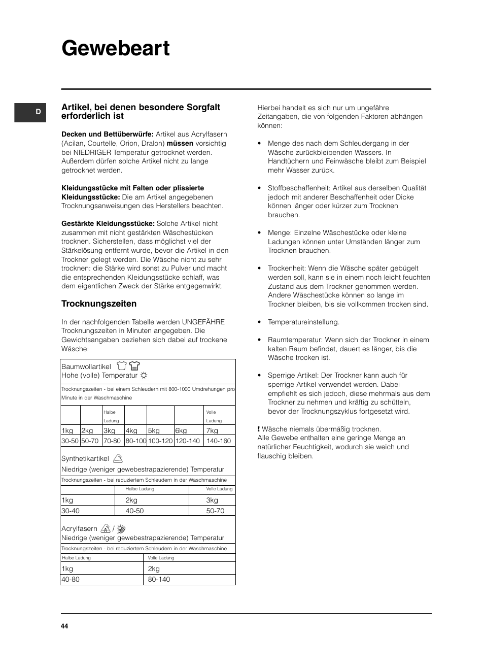 Gewebeart, Trocknungszeiten | Indesit ISL79CS User Manual | Page 44 / 84