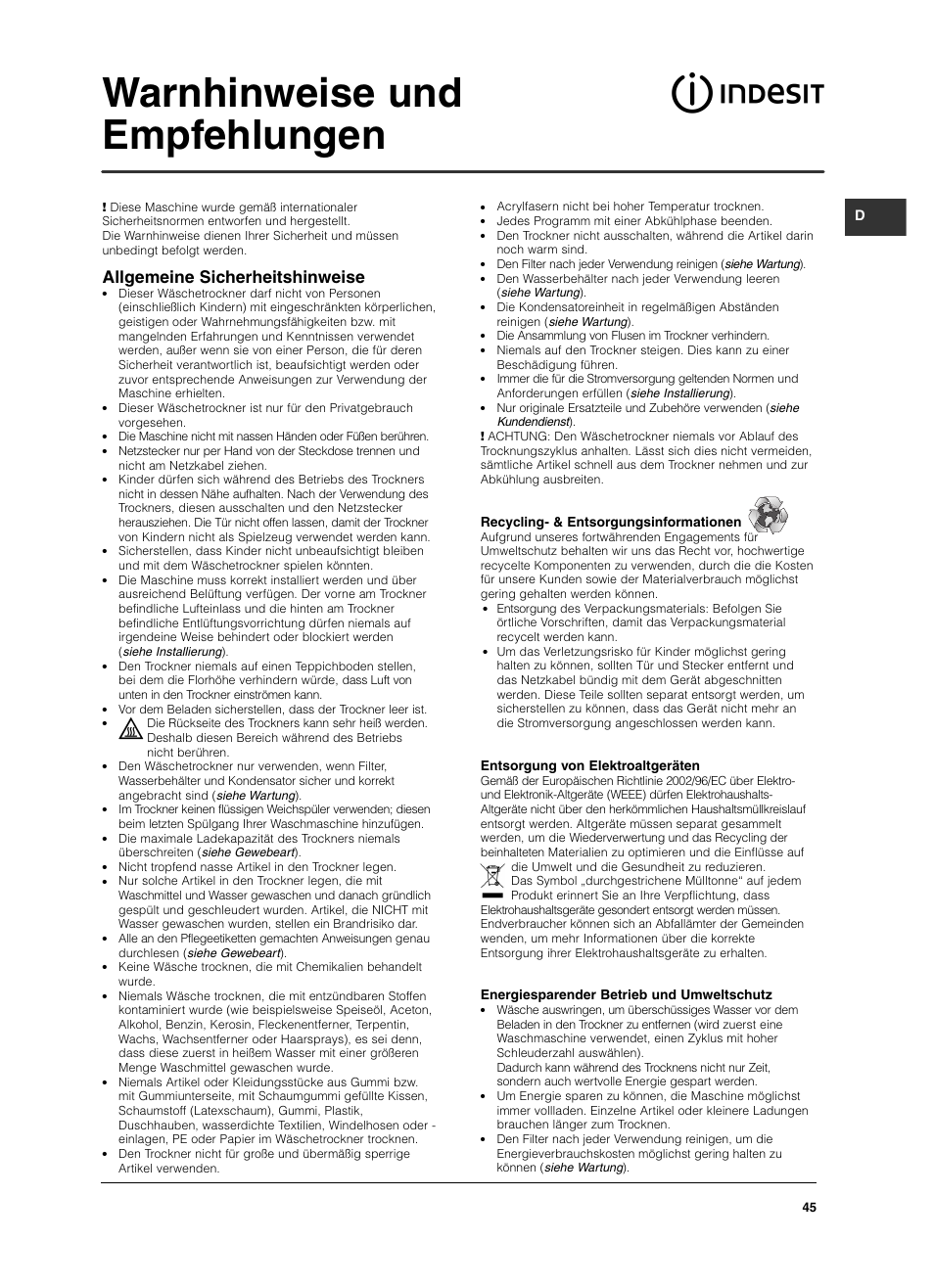 Warnhinweise und empfehlungen, Allgemeine sicherheitshinweise | Indesit ISL79CS User Manual | Page 45 / 84