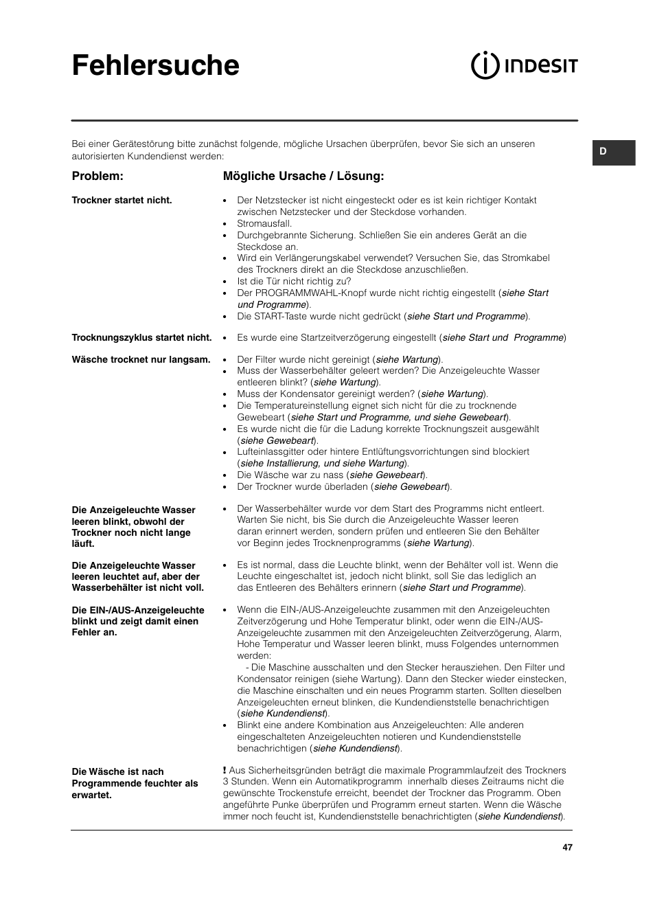 Fehlersuche, Problem, Mögliche ursache / lösung | Indesit ISL79CS User Manual | Page 47 / 84