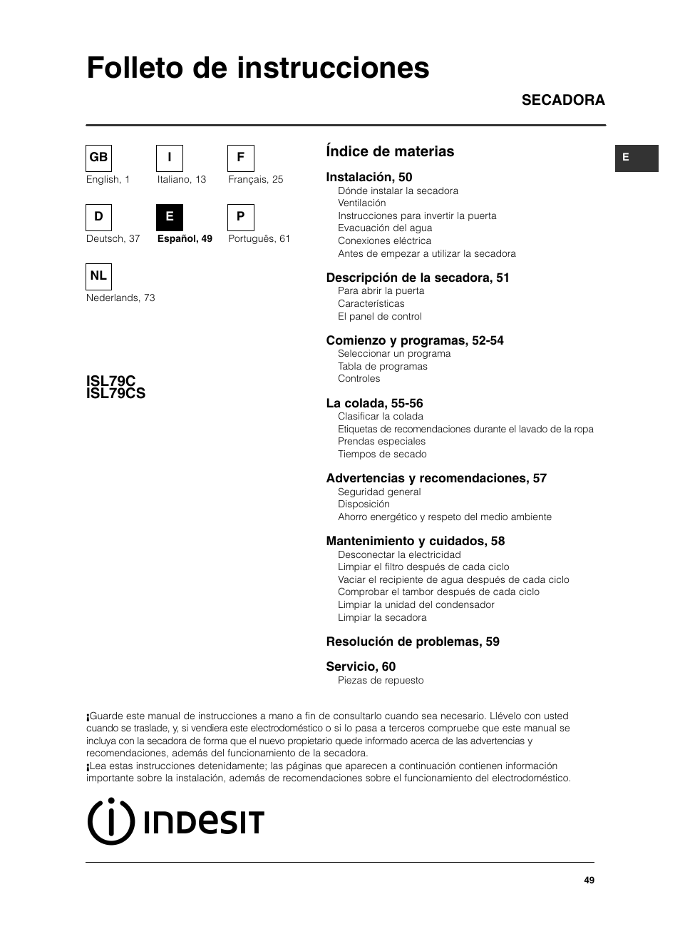 Folleto de instrucciones, Índice de materias secadora isl79c isl79cs | Indesit ISL79CS User Manual | Page 49 / 84