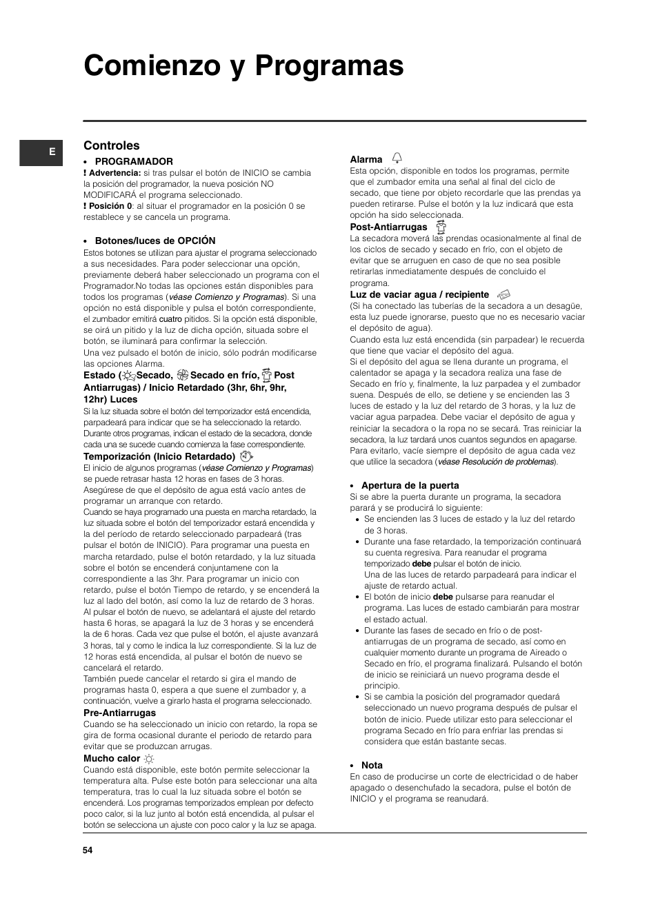 Comienzo y programas, Controles | Indesit ISL79CS User Manual | Page 54 / 84