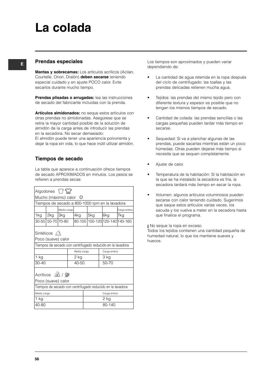 La colada, Prendas especiales, Tiempos de secado | Indesit ISL79CS User Manual | Page 56 / 84