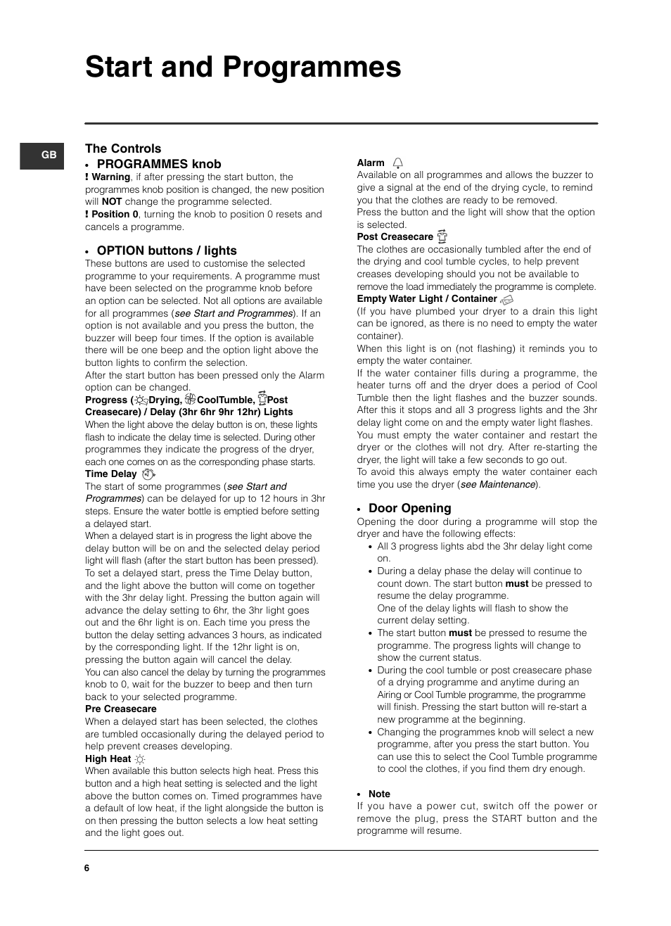 Start and programmes, Door opening, Programmes knob | Option buttons / lights, The controls | Indesit ISL79CS User Manual | Page 6 / 84