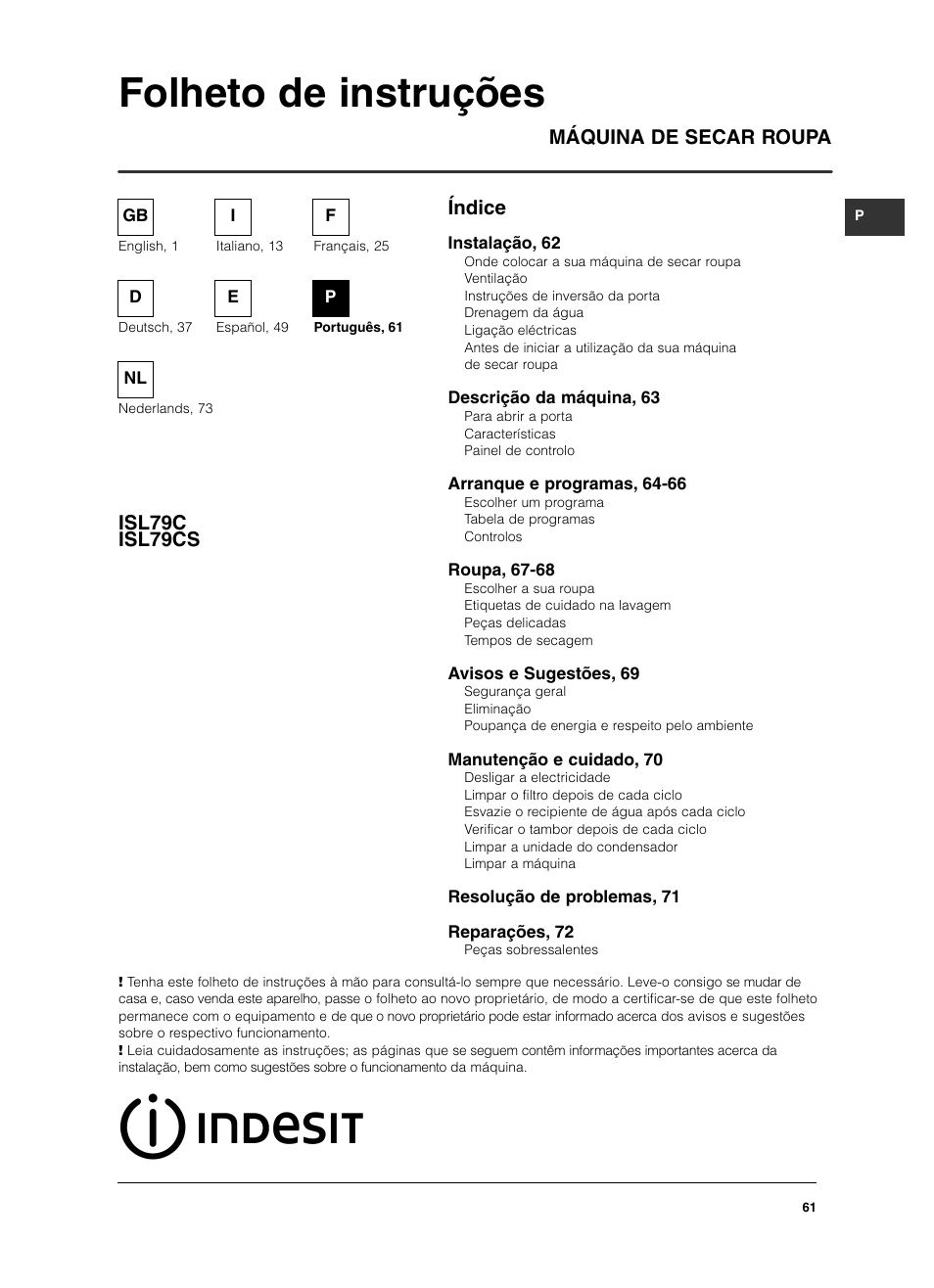 Folheto de instruções, Índice máquina de secar roupa isl79c isl79cs | Indesit ISL79CS User Manual | Page 61 / 84
