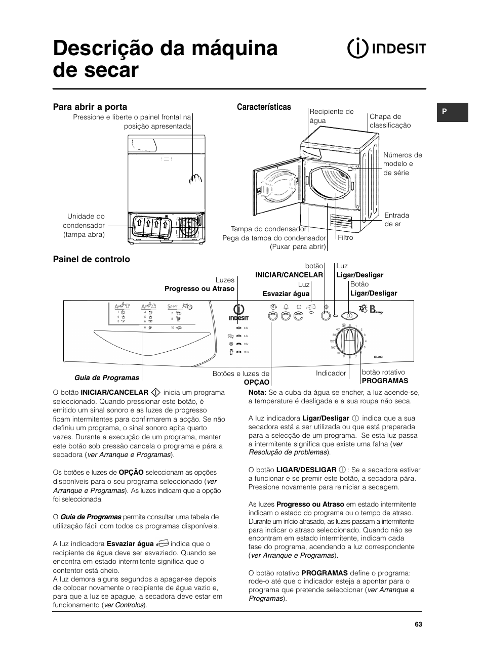 Descrição da máquina de secar, Painel de controlo, Para abrir a porta características | Indesit ISL79CS User Manual | Page 63 / 84