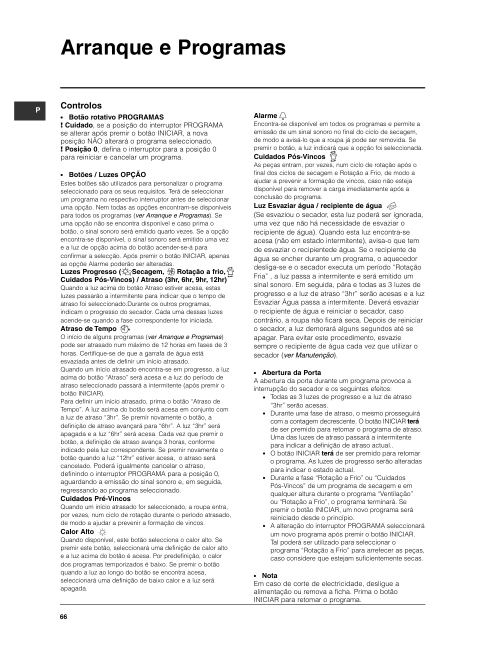 Arranque e programas, Controlos | Indesit ISL79CS User Manual | Page 66 / 84