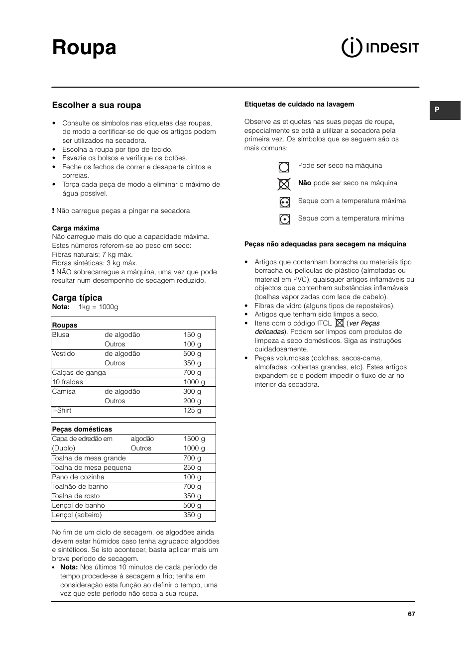 Roupa, Escolher a sua roupa, Carga típica | Indesit ISL79CS User Manual | Page 67 / 84