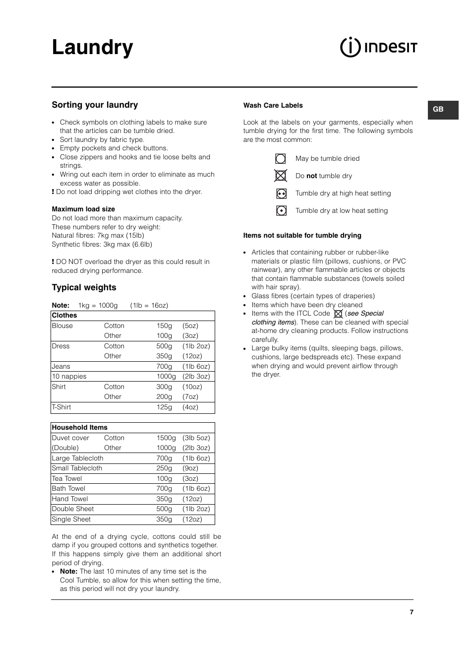 Laundry, Sorting your laundry, Typical weights | Indesit ISL79CS User Manual | Page 7 / 84
