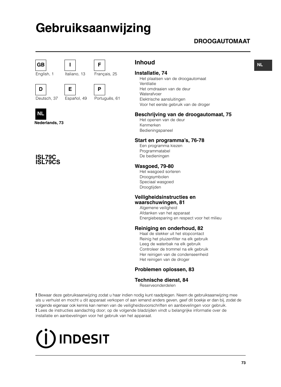 Gebruiksaanwijzing, Inhoud droogautomaat isl79c isl79cs | Indesit ISL79CS User Manual | Page 73 / 84