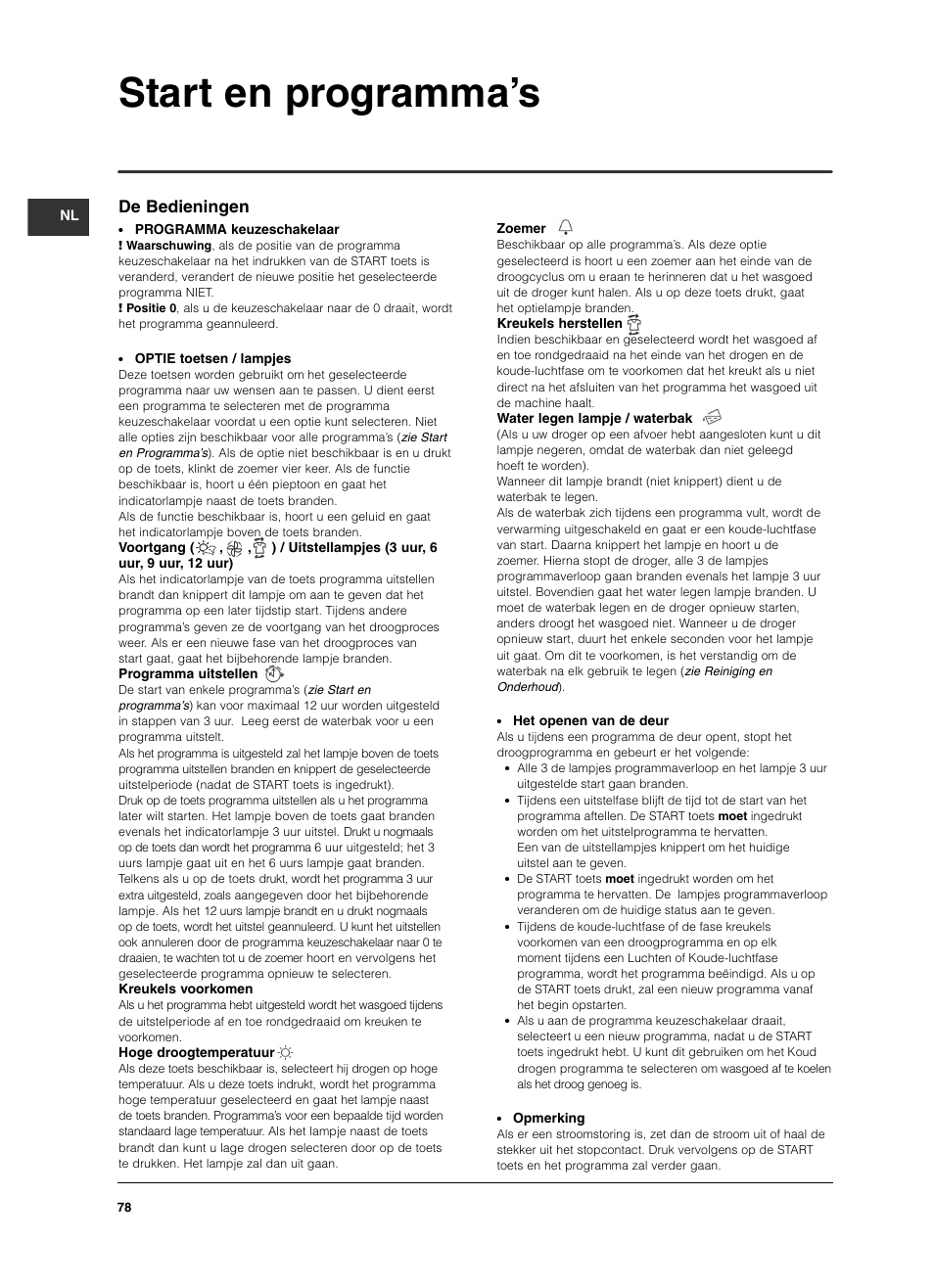Start en programma’s, De bedieningen | Indesit ISL79CS User Manual | Page 78 / 84