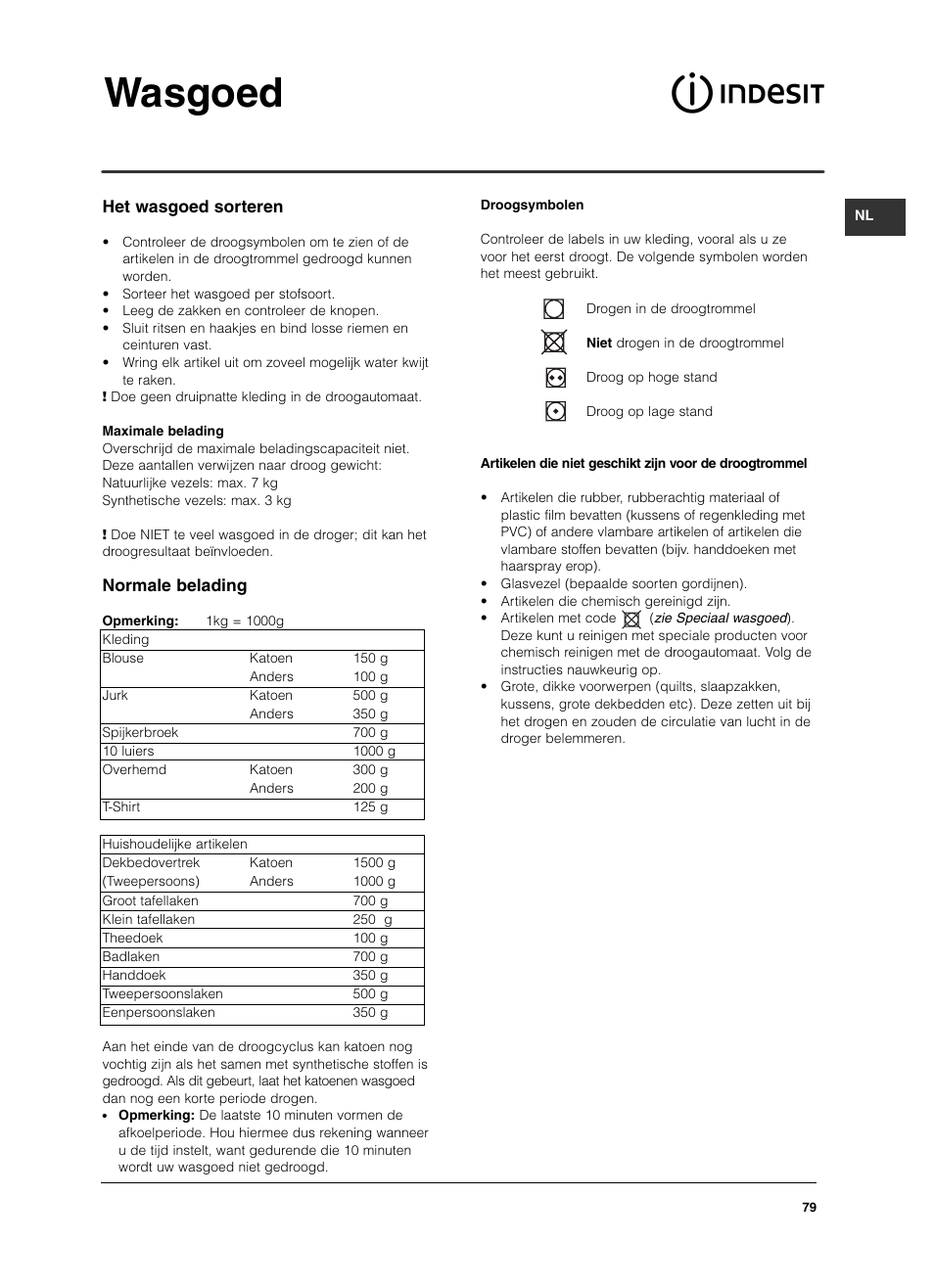 Wasgoed, Het wasgoed sorteren, Normale belading | Indesit ISL79CS User Manual | Page 79 / 84