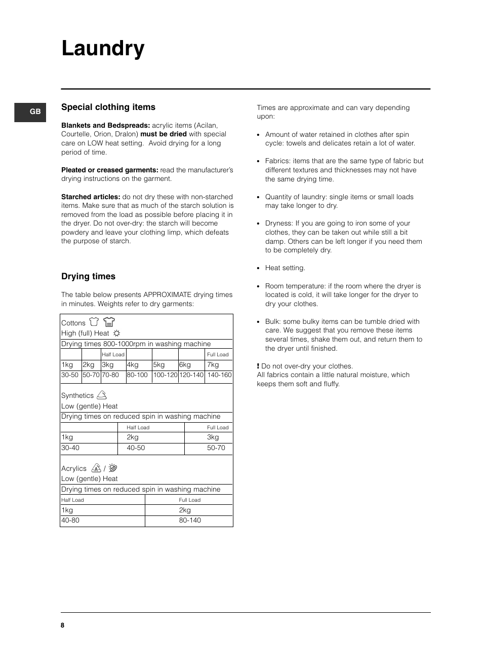 Laundry, Special clothing items, Drying times | Indesit ISL79CS User Manual | Page 8 / 84